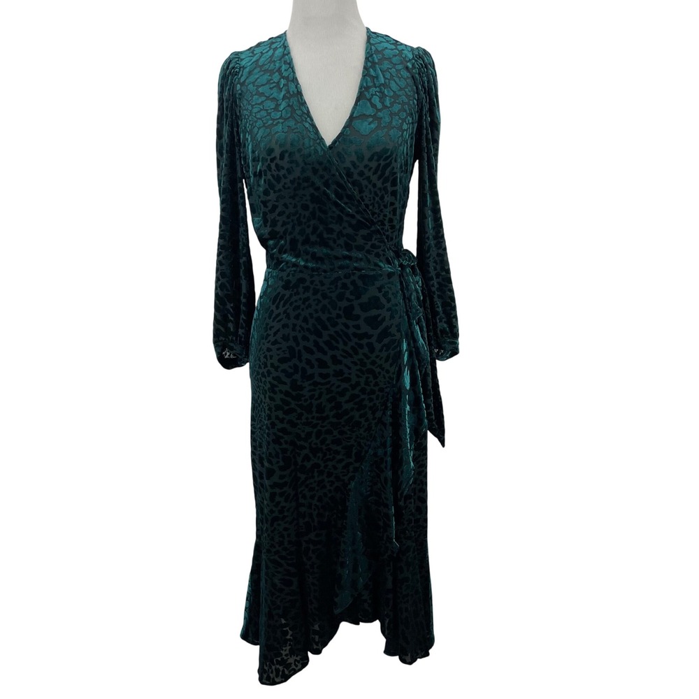 Calvin Klein Size 2 Midi Dress Teal Green Velvet Burnout Leopard Faux Wrap Mesh